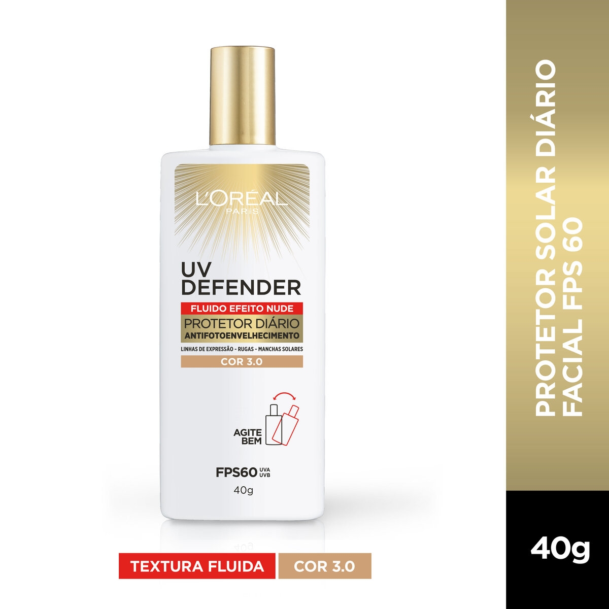 Protetor Solar Facial L'Oréal UV Defender Fluido FPS 60 Cor 3.0 Média 40g Loreal 40g