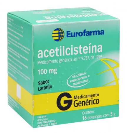 Acetilcisteína 100mg Eurofarma Sabor Laranja com 16 envelopes de 5g