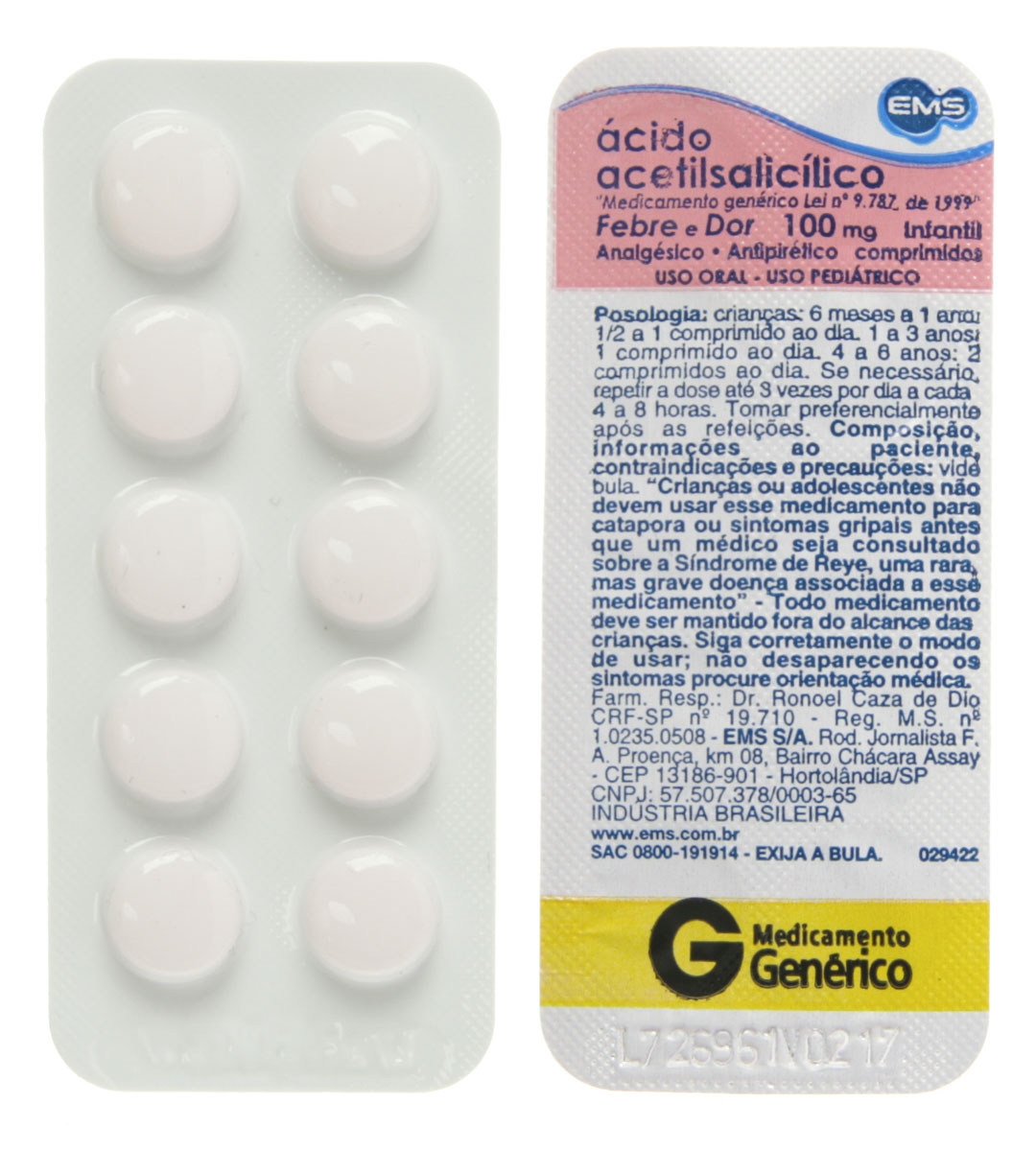 Ácido Acetilsalicílico 100mg 10 comprimidos EMS Genérico