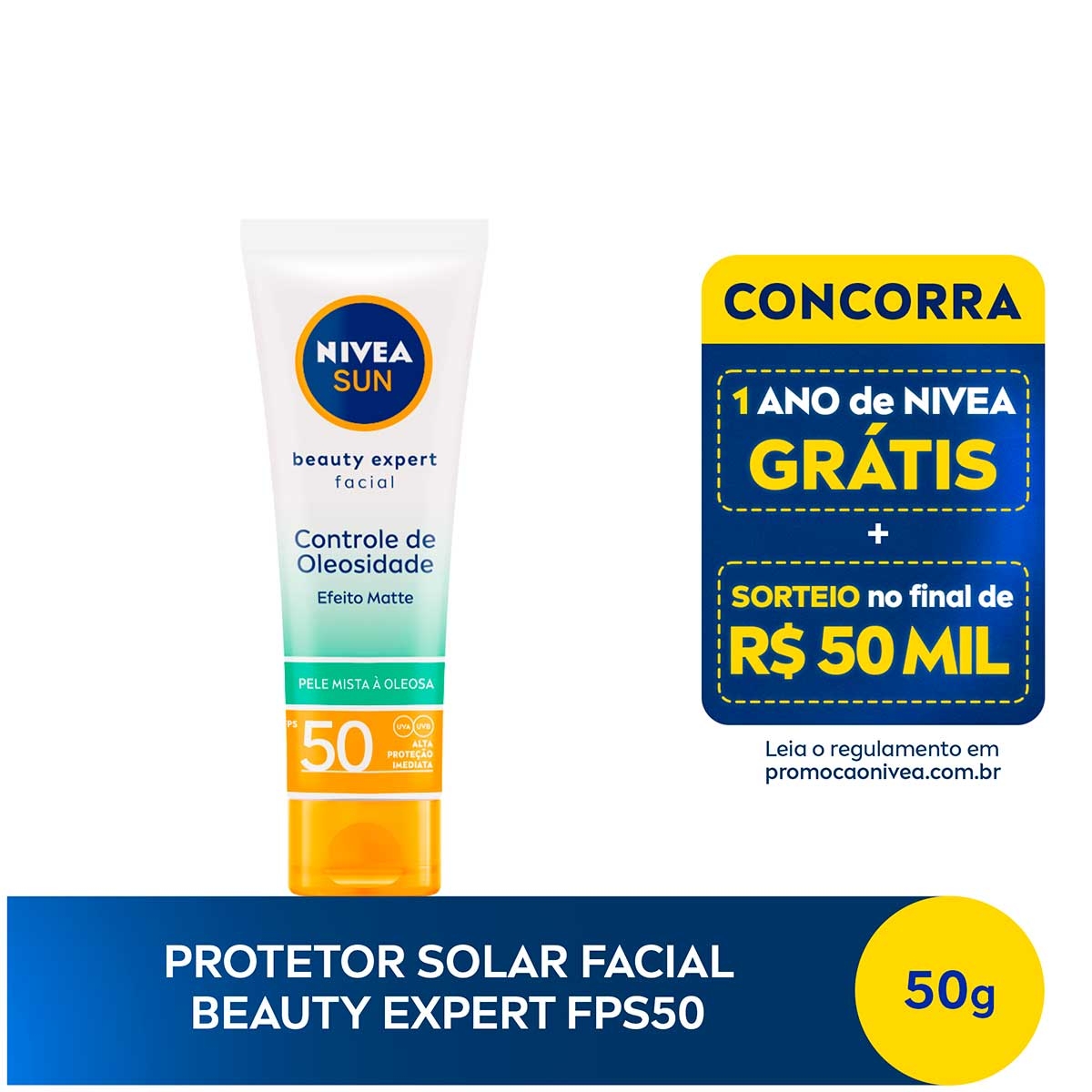 Protetor Solar Facial Nivea Sun Beauty Expert Pele Oleosa FPS 50 com 50g 50g