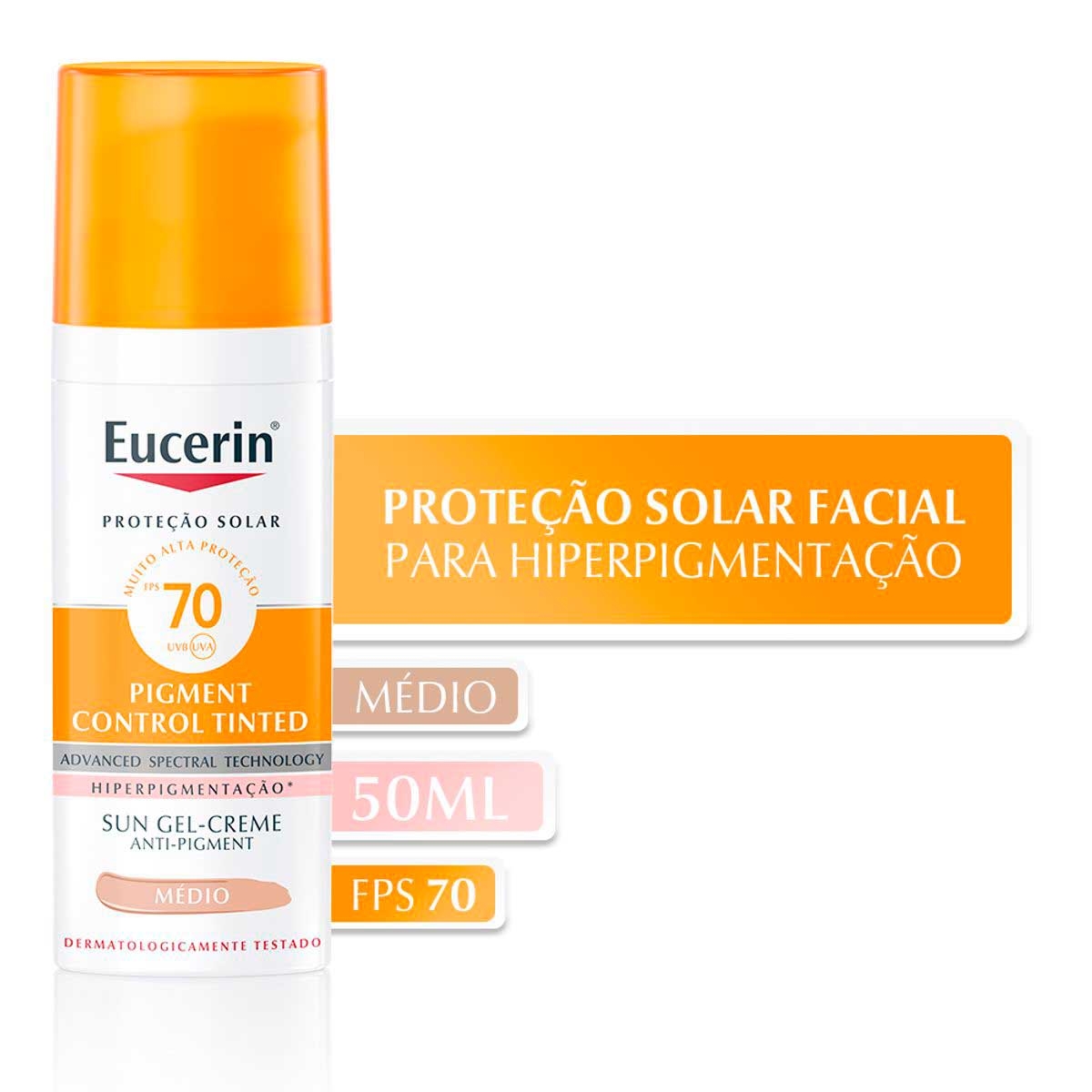 Protetor Solar Facial Eucerin Sun Pigment Control Tinted Médio FPS 70 - 50ml 50ml