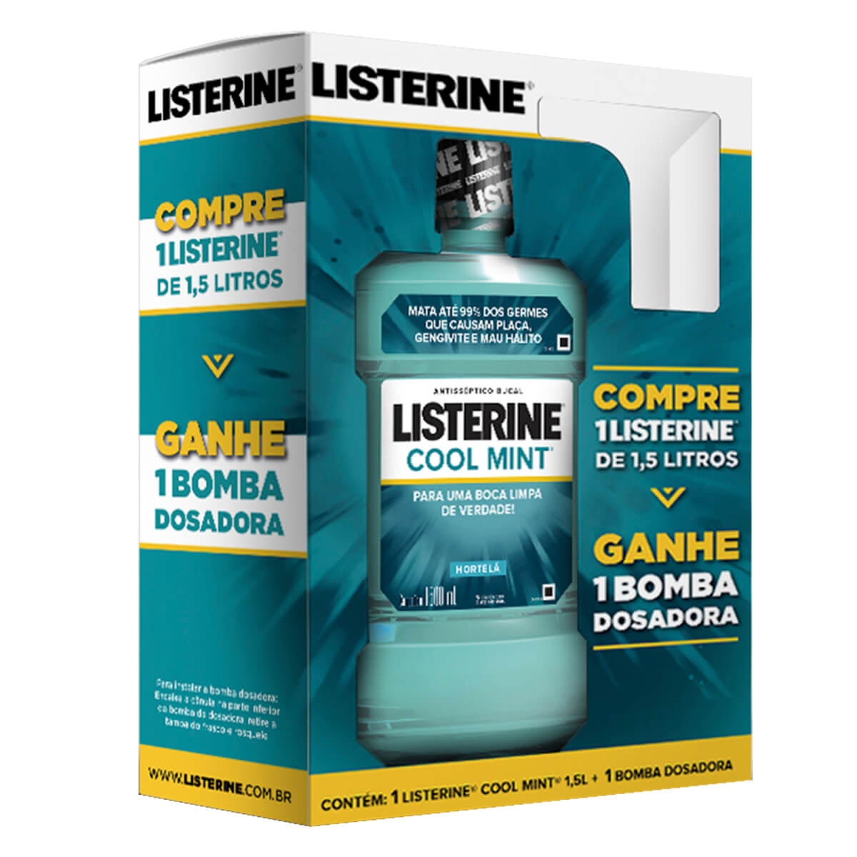 Enxaguante Antisséptico Bucal Listerine Cool Mint com 1,5l + Bomba Dosadora Menor preço em Enxaguante Antisséptico Bucal Listerine Cool Mint com 1,5l + Bomba Dosadora