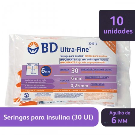 Seringa de Insulina Ultra-Fine 6mm 30UI com 10 Unidades
