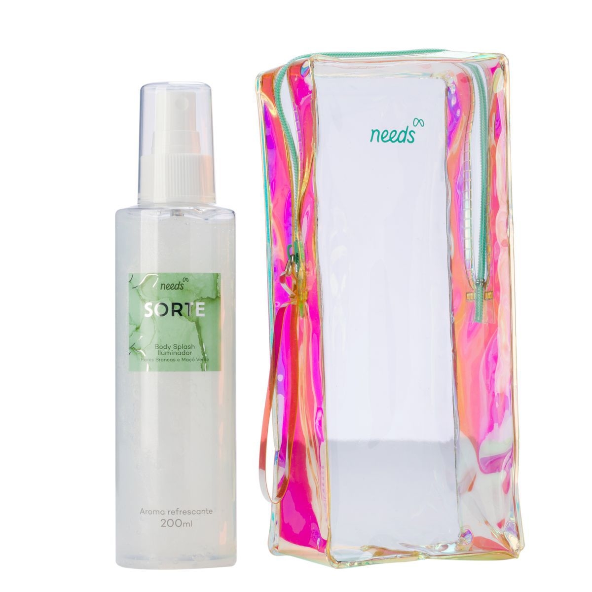 Body Splash Iluminador Needs Sorte Flores Brancas e Maçã Verde 200ml + Necessaire 200ml + Necessaire