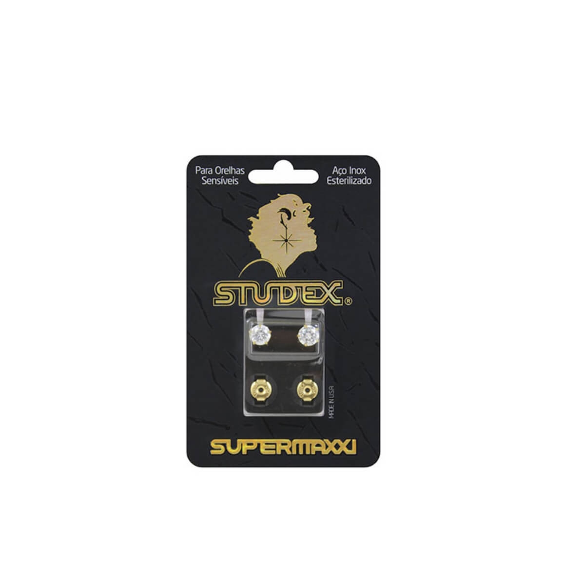 Brinco Studex Supermaxxi Dourado Pedra Branca com 1 par Menor preço em Brinco Studex Supermaxxi Dourado Pedra Branca com 1 par