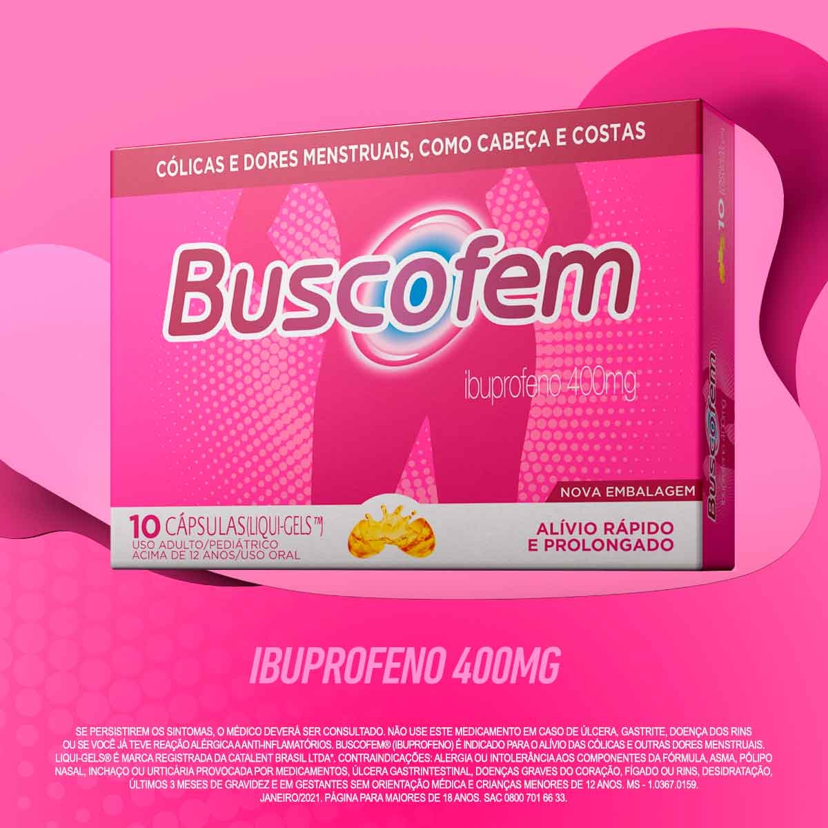 Buscofem 400mg com 10 cápsulas - indicação, preço e mais | Droga Raia