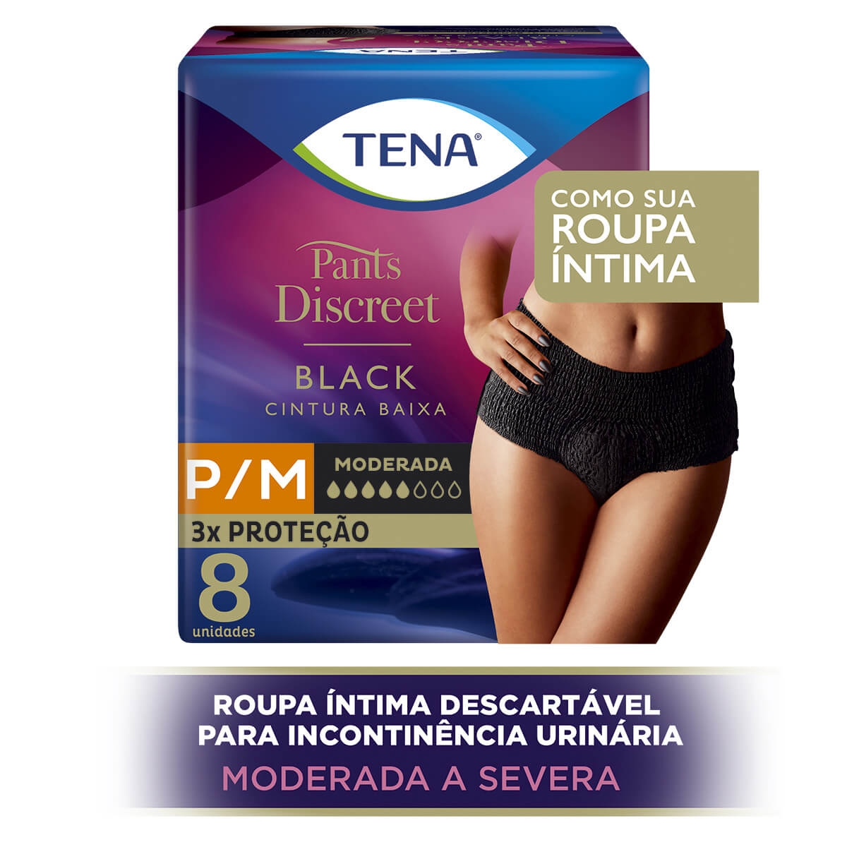 Calcinha Tena Pants Discreet Descartável Incontinência Moderada Cor Preta Tamanho P/M com 8 unidades Menor preço em Calcinha Tena Pants Discreet Descartável Incontinência Moderada Cor Preta Tamanho P/M com 8 unidades