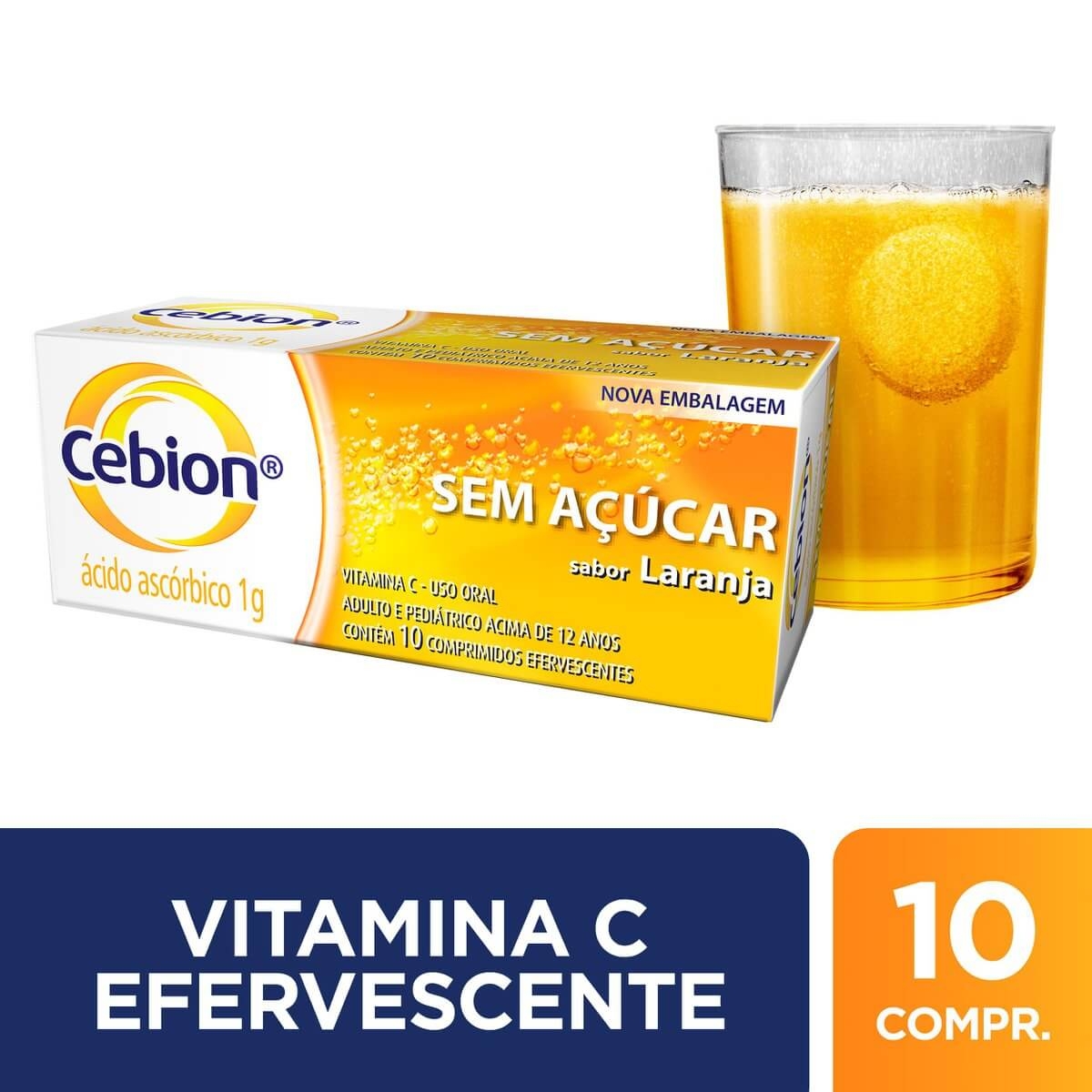Vitamina C Cebion 1g Sabor Laranja Sem Açúcar 10 Comprimidos Efervescentes