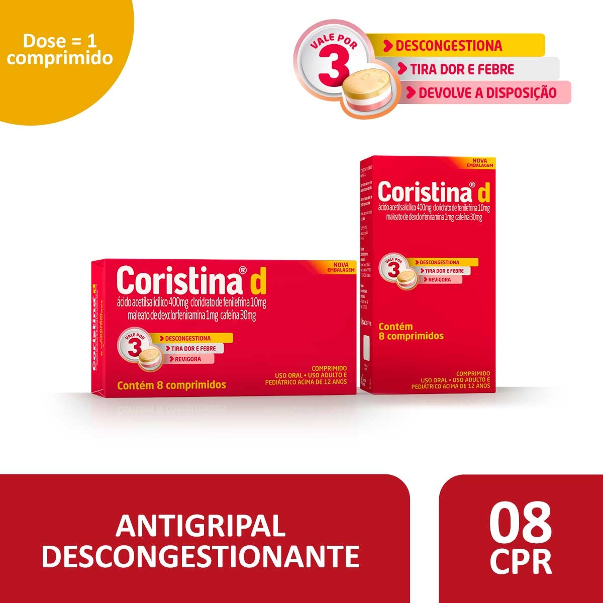 Coristina D Ácido Acetilsalicílico 400mg + Maleato de Dexclorfeniramina 1mg + Cloridrato de Fenilefrina 10mg + Cafeína 30mg 8 comprimidos