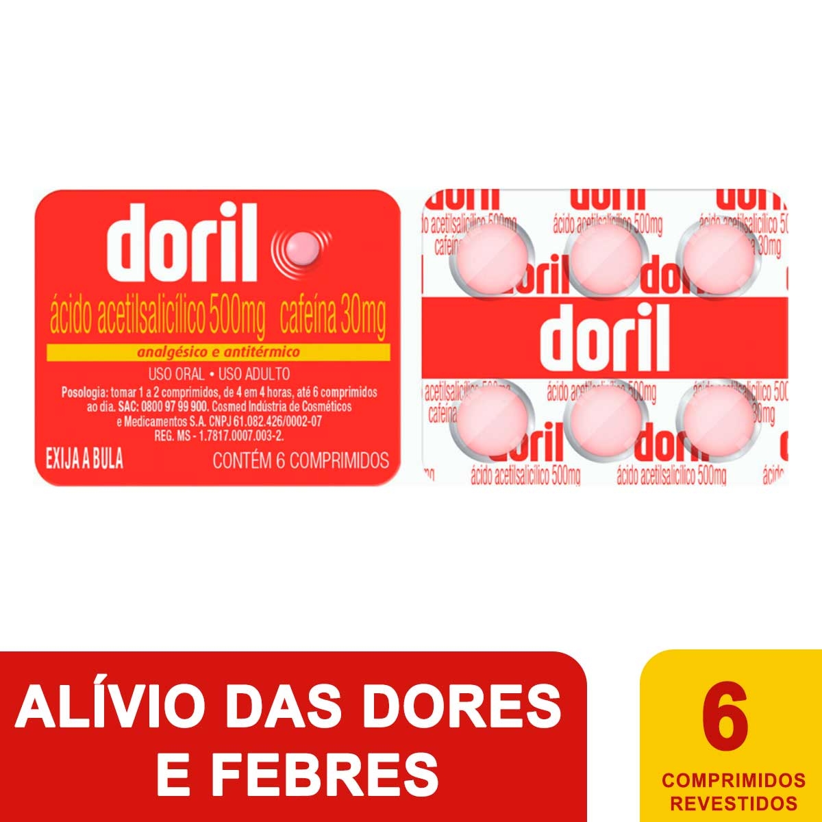Doril Acido Acetilsalicilico 500mg + Cafeína 30mg 6 comprimidos