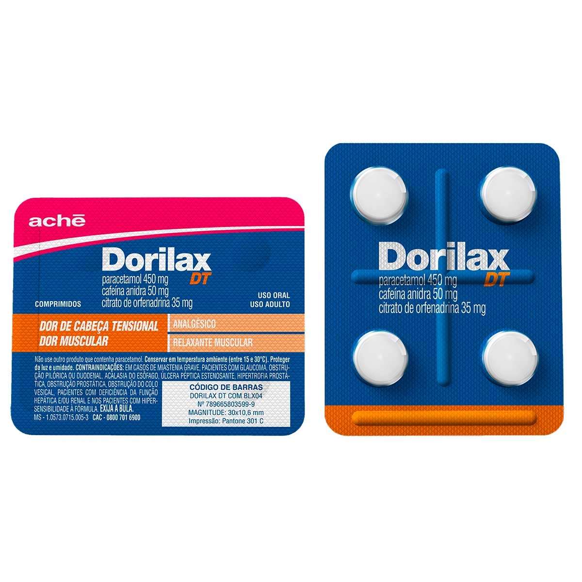 Dorilax DT Paracetamol 450mg + Cafeína Anidra 50mg + Citrato de Orfenadrina 35mg 4 comprimidos