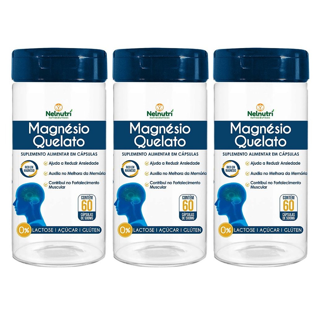 Kit 3Uni Magnésio Quelato 60 Cáps - Nelnutri Menor preço em Kit 3Uni Magnésio Quelato 60 Cáps - Nelnutri
