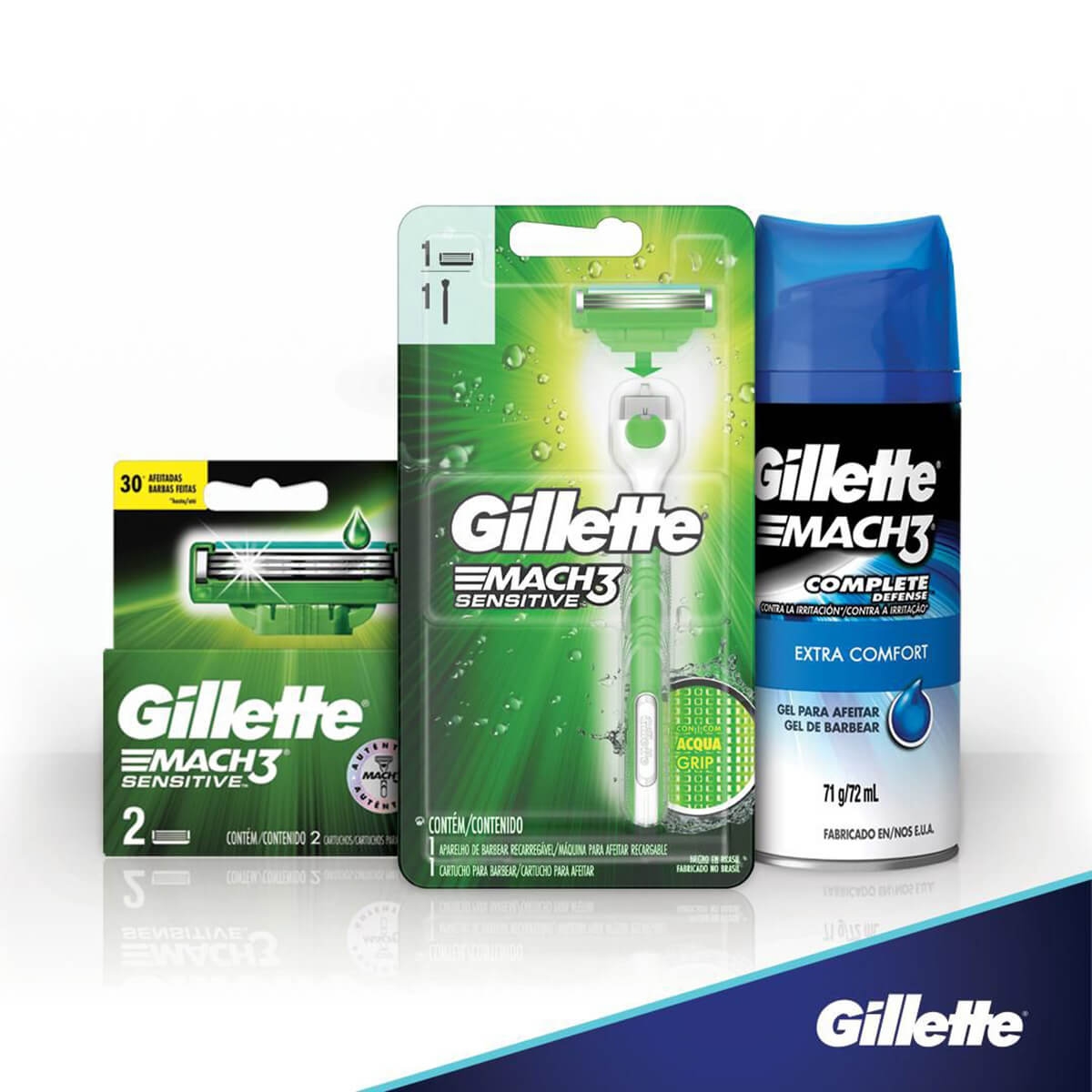 Kit Aparelho de Barbear Gillette Mach3 Acqua-Grip Sensitive com 1 unidade + 3 cartuchos + 1 Gel de Barbear com 72ml Menor preço em Kit Aparelho de Barbear Gillette Mach3 Acqua-Grip Sensitive com 1 unidade + 3 cartuchos + 1 Gel de Barbear com 72ml