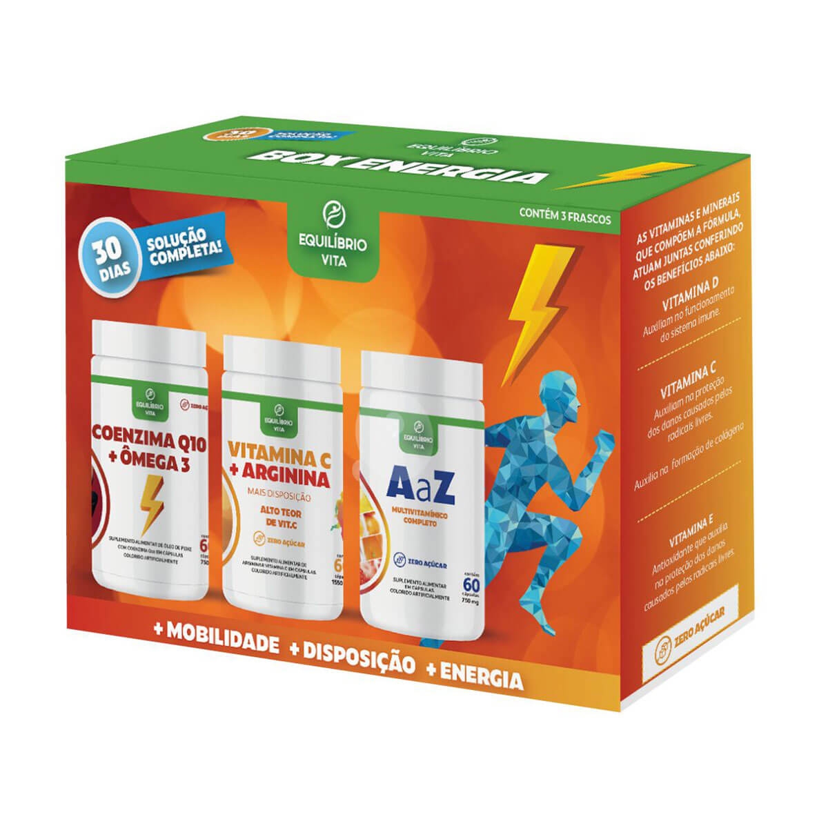Box Energia Equilíbrio Vita Kit com Coenzima Q10 + Vitamina C + Multivitamínico com 60 cápsulas cada