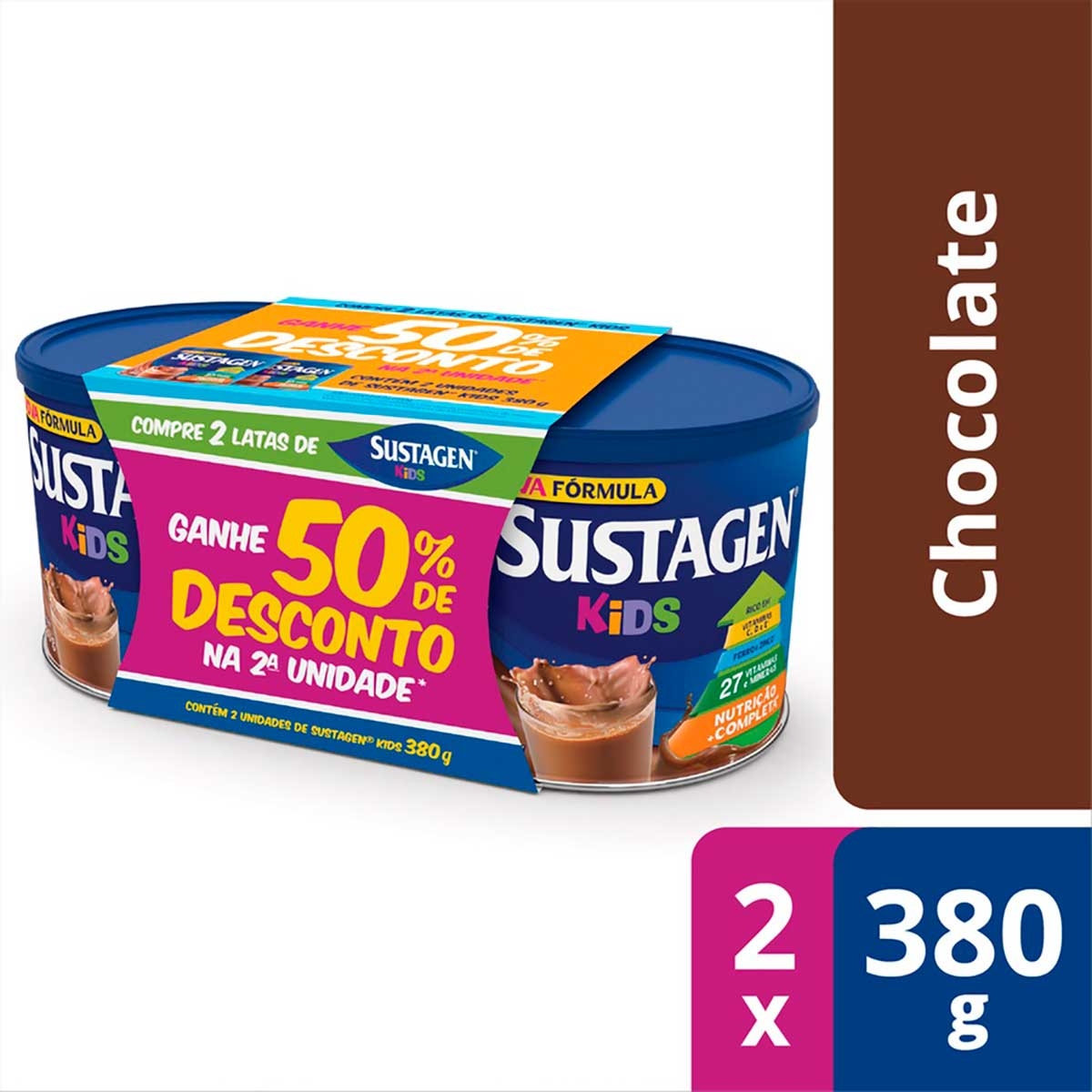 Kit Complemento Alimentar Infantil Sustagen Kids Chocolate com 2 unidades de 380g cada