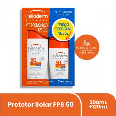 Kit Econômico Protetor Solar Helioderm Suncare FPS50 200ml + Protetor Solar Helioderm Suncare FPS50 120ml | 
