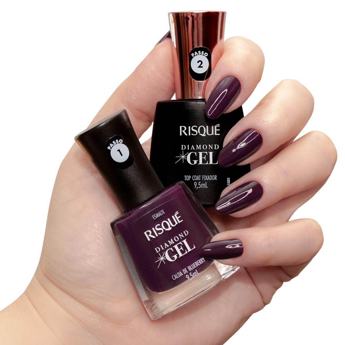 Kit Esmalte Risqué Diamond Gel Calda de Blueberry + Top Coat Fixador