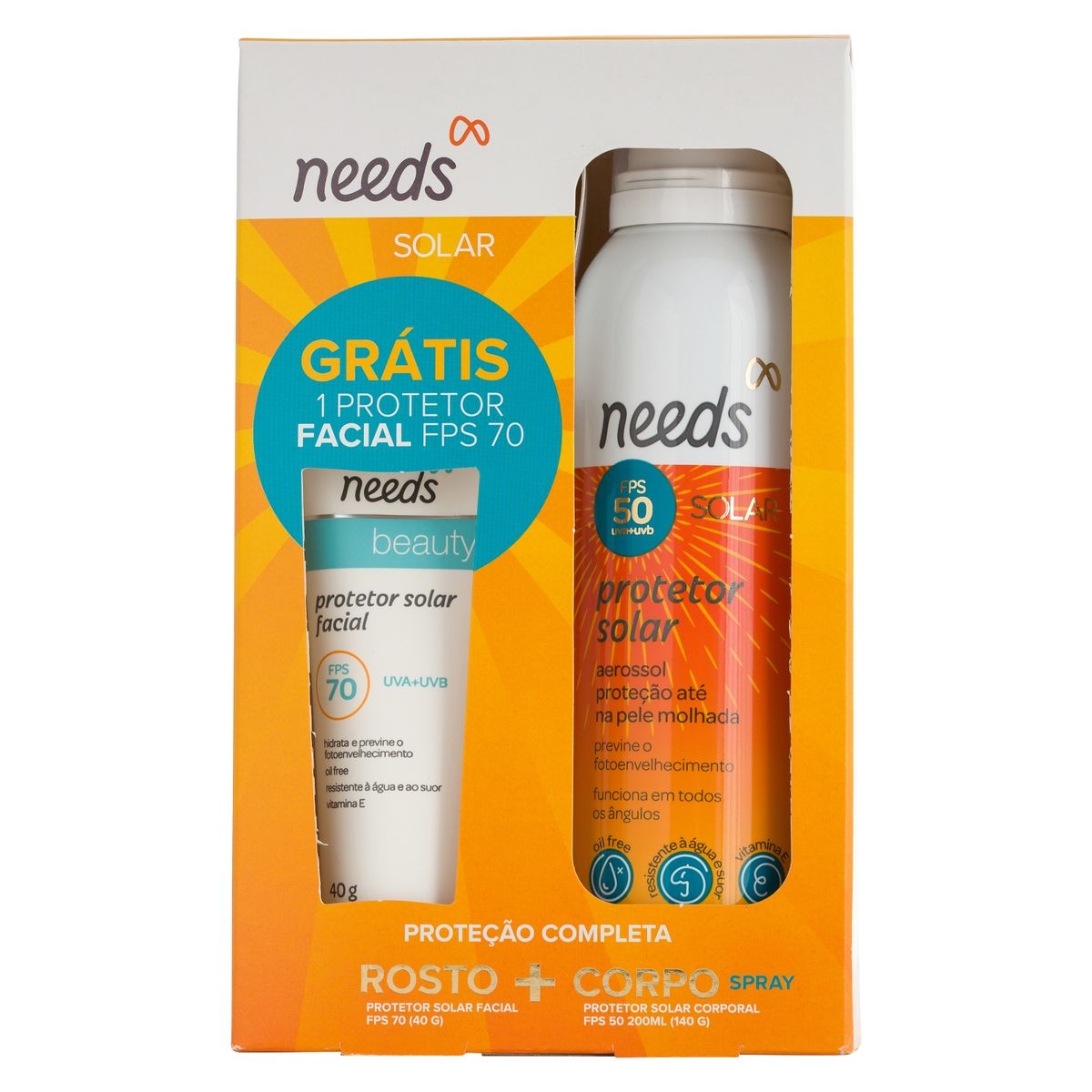 Kit Needs Protetor Solar Facial FPS70 com 40g + Protetor Solar Corporal Aerossol FPS50 com 200ml Menor preço em Kit Needs Protetor Solar Facial FPS70 com 40g + Protetor Solar Corporal Aerossol FPS50 com 200ml
