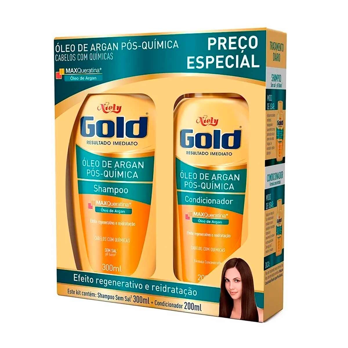 Kit Niely Gold Óleo de Argan Pós-Química com 1 Shampoo de 300ml + 1 Condicionador de 200ml Menor preço em Kit Niely Gold Óleo de Argan Pós-Química com 1 Shampoo de 300ml + 1 Condicionador de 200ml