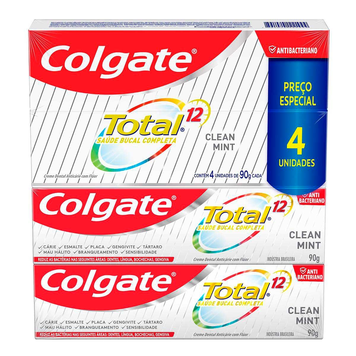 Kit Pasta de Dente Colgate Total 12 Clean Mint com 4 Unidades de 90g cada Menor preço em Kit Pasta de Dente Colgate Total 12 Clean Mint com 4 Unidades de 90g cada