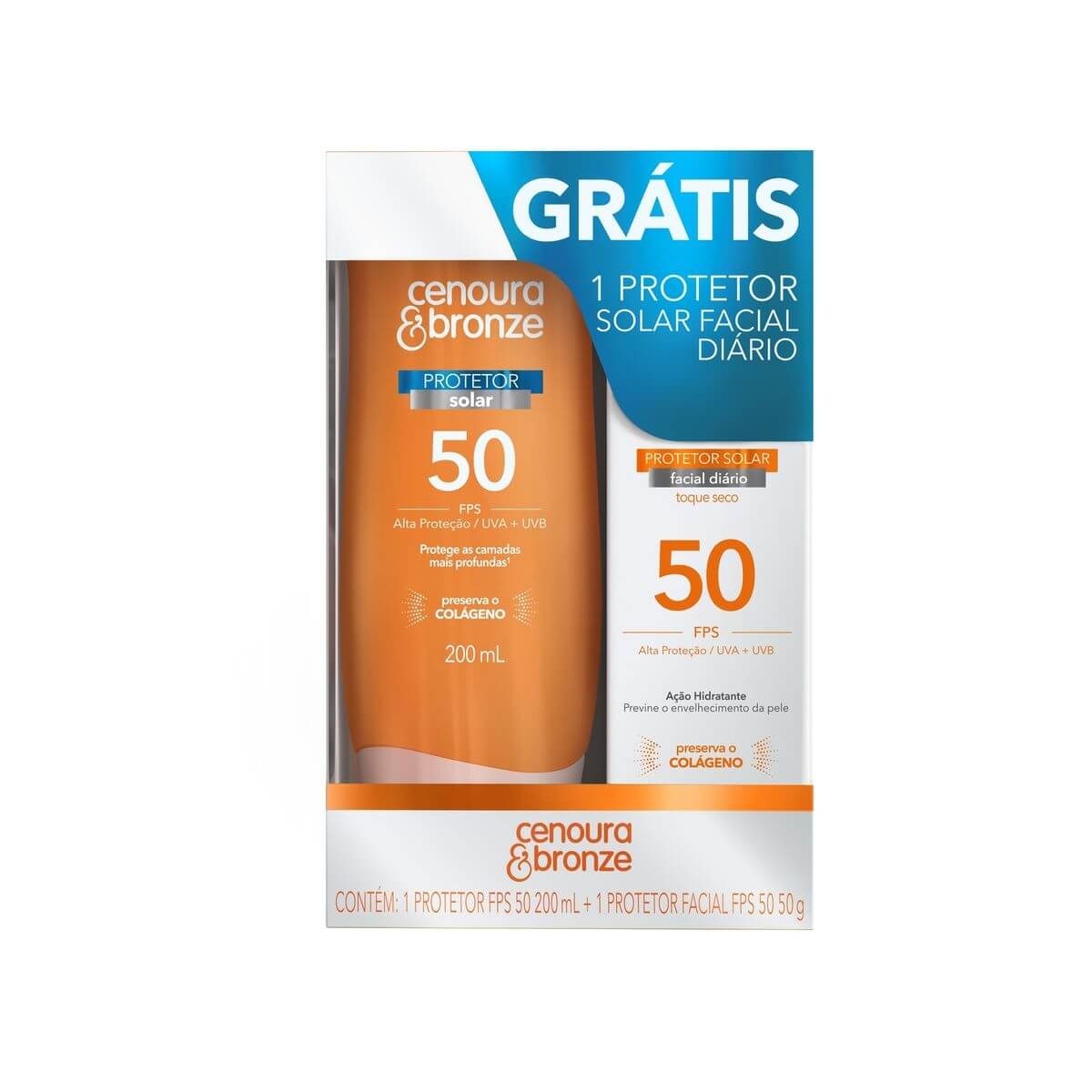 Kit Protetor Solar Cenoura & Bronze com 1 Protetor Corporal FPS 50 de 200ml + 1 Protetor Facial FPS 50 de 50g Menor preço em Kit Protetor Solar Cenoura & Bronze com 1 Protetor Corporal FPS 50 de 200ml + 1 Protetor Facial FPS 50 de 50g