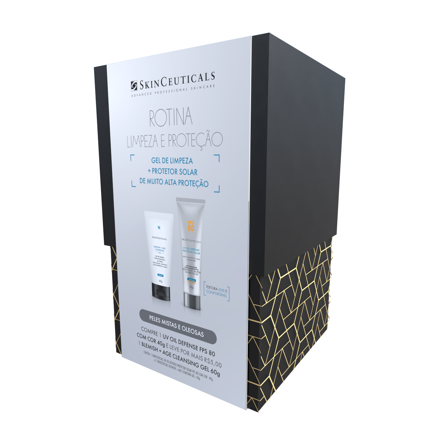 Kit SkinCeuticals Protetor Solar Facial UV Oil Defense FPS 80 Com Cor 40g + Gel de Limpeza Blemish + Age Cleansing 60g