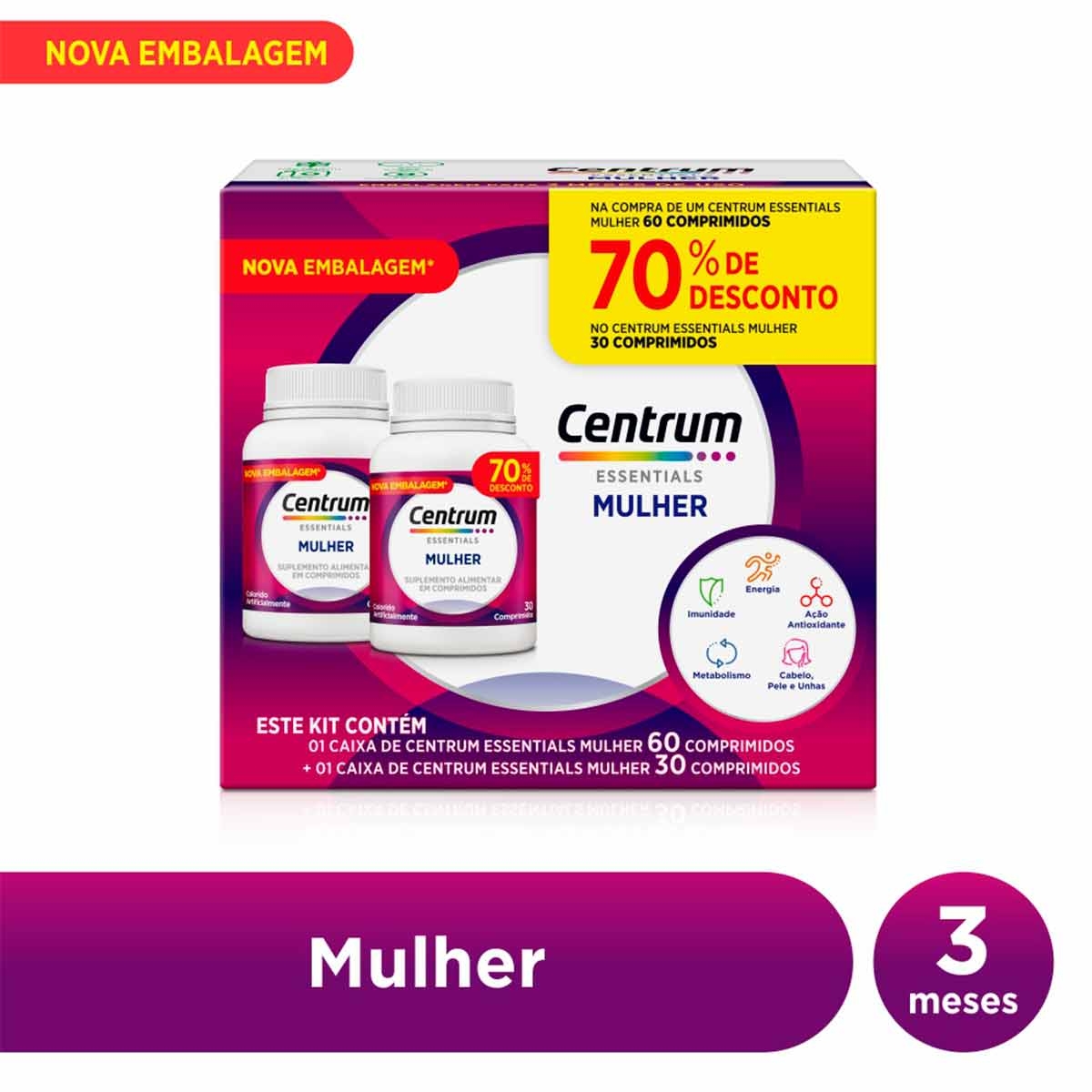 Kit Polivitamínico Centrum Essentials Mulher 60 + 30 comprimidos 