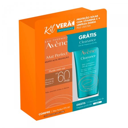 Kit Verão Avène Protetor Solar Facial Mat Perfect Fluido com Cor FPS 60 com 40g + Gel de Limpeza Facial Cleanance com 60ml