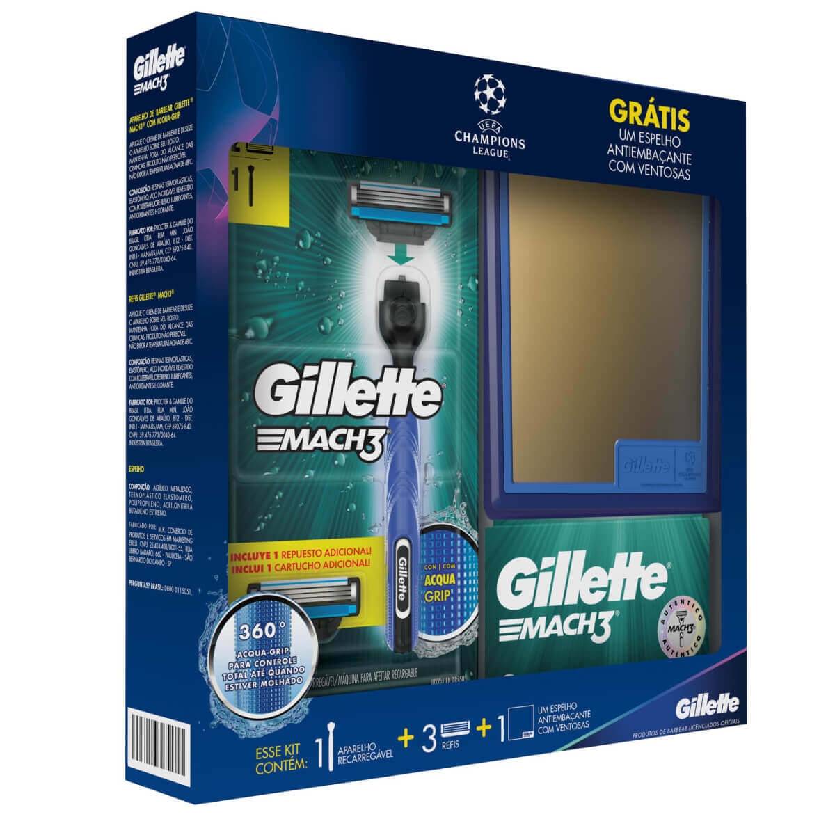 Kit Aparelho de Barbear Gillette Mach 3 Acqua Grip + 3 Refis + 1 Espelho Menor preço em Kit Aparelho de Barbear Gillette Mach 3 Acqua Grip + 3 Refis + 1 Espelho