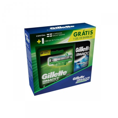 Kit Carga para Aparelho de Barbear Gillette Mach3 Sensitive com 4 unidades + 1 Mini Gel de Barbear Mach 3 Complete com 71g