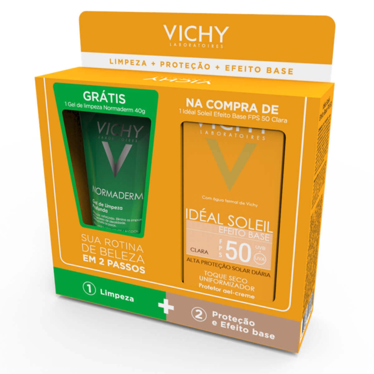 Kit Vichy Protetor Solar Facial Idéal Soleil Efeito Base Cor Clara FPS 50 com 40g + Gel de Limpeza Normaderm com 40g Menor preço em Kit Vichy Protetor Solar Facial Idéal Soleil Efeito Base Cor Clara FPS 50 com 40g + Gel de Limpeza Normaderm com 40g
