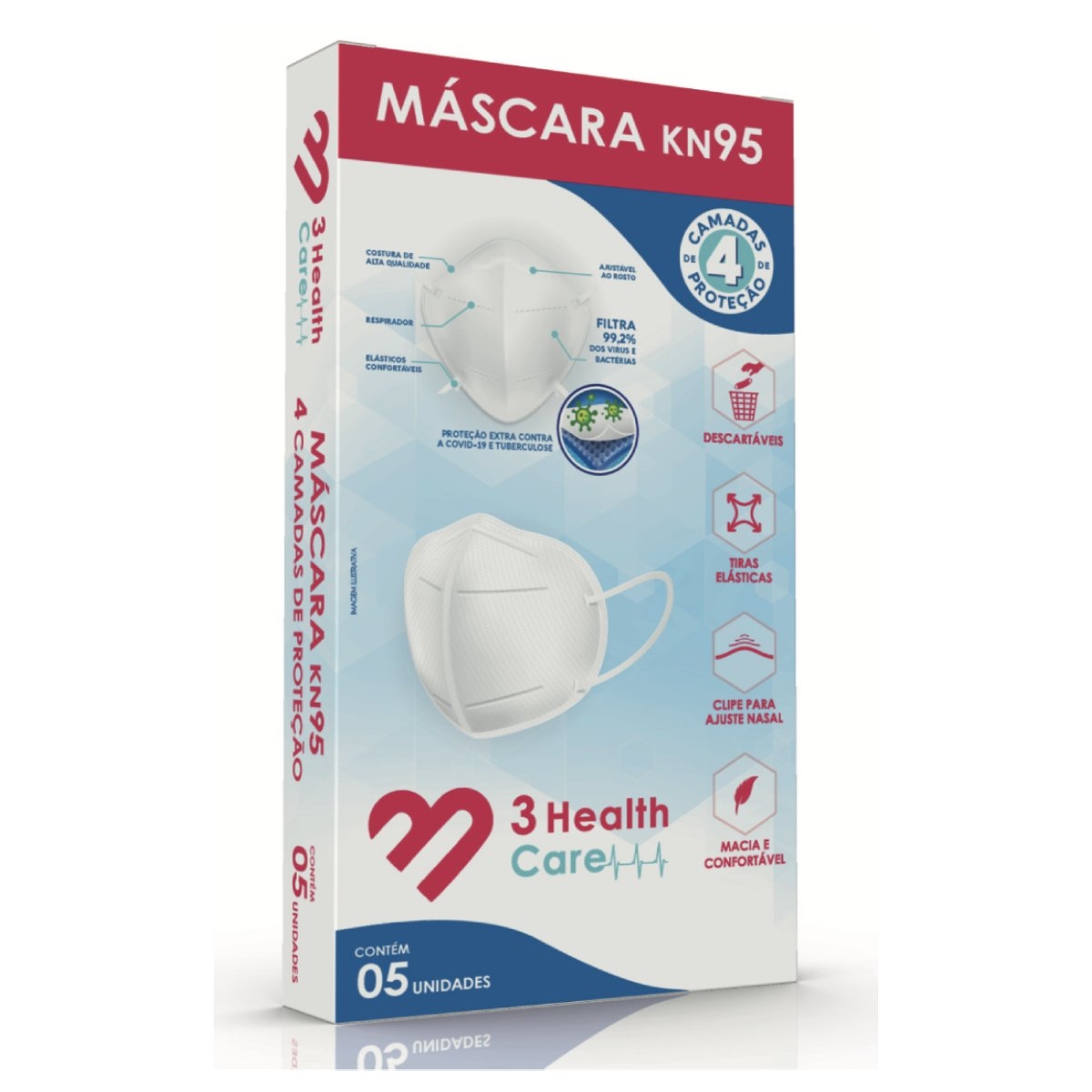 Máscara Descartável KN95 3 Health Quatro Camadas 5 unidades Menor preço em Máscara Descartável KN95 3 Health Quatro Camadas 5 unidades