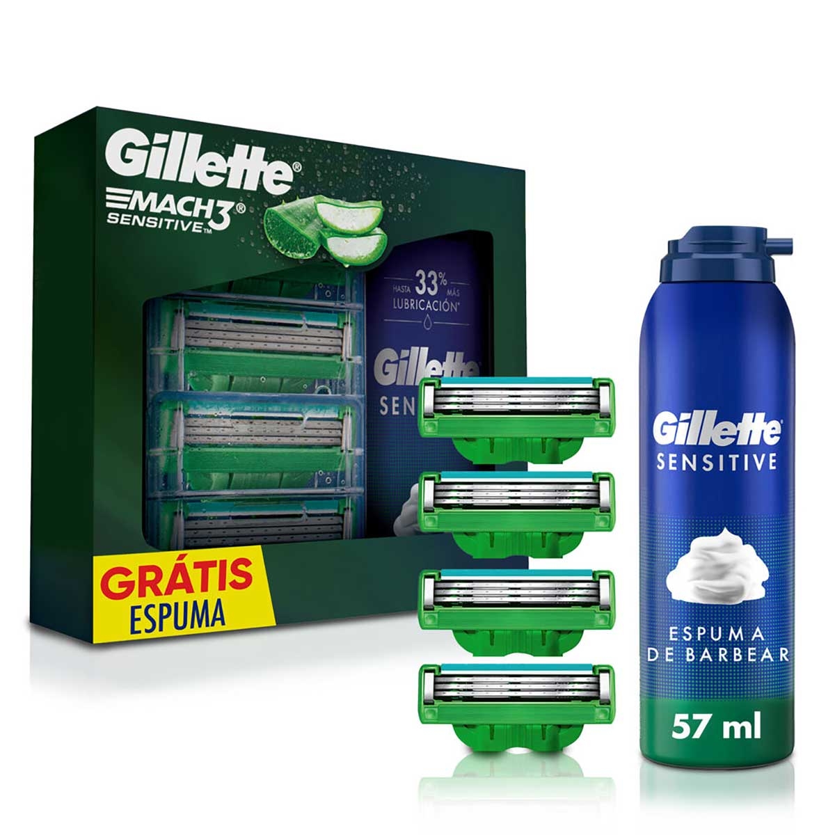 Kit Gillette Carga para Barbeador Mach3 Sensitive Acqua Grip 4 unidades + Espuma de Barbear Sensitive 56g Menor preço em Kit Gillette Carga para Barbeador Mach3 Sensitive Acqua Grip 4 unidades + Espuma de Barbear Sensitive 56g
