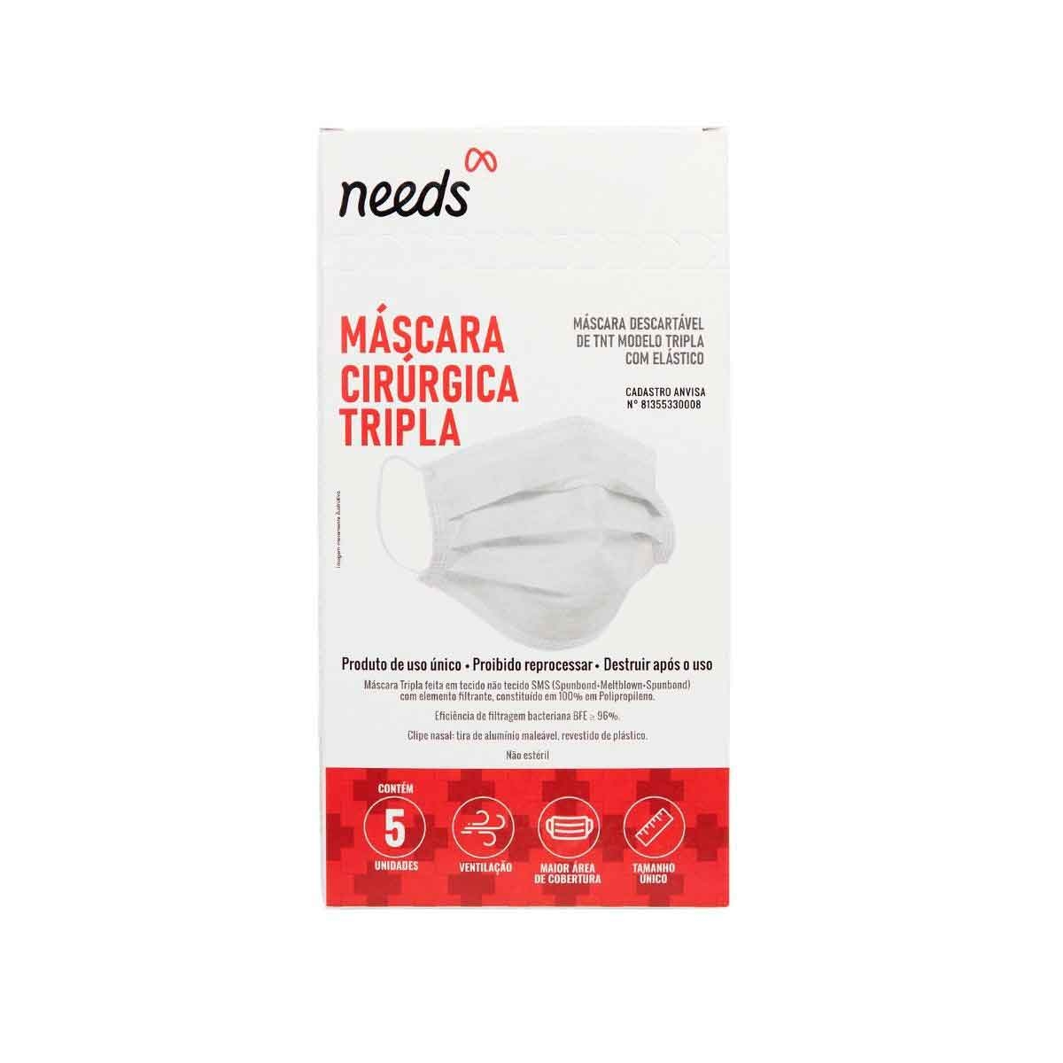 Máscara Descartável de Tripla Proteção Needs com 5 unidades Menor preço em Máscara Descartável de Tripla Proteção Needs com 5 unidades