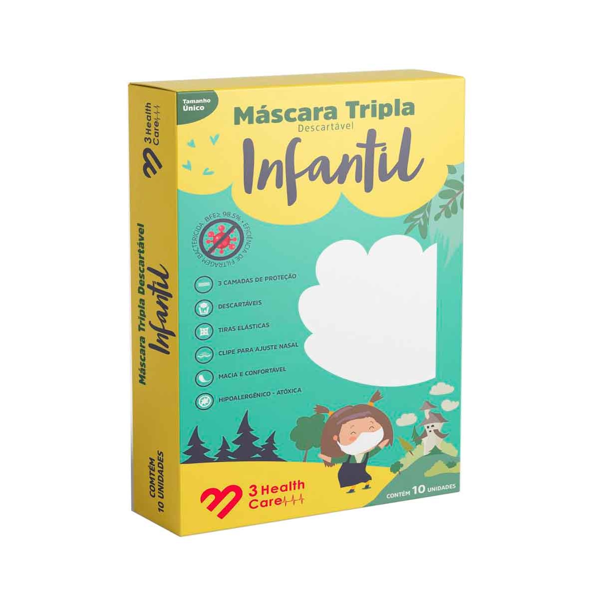 Máscara Tripla Descartável 3 Health Care Infantil com 10 unidades Menor preço em Máscara Tripla Descartável 3 Health Care Infantil com 10 unidades