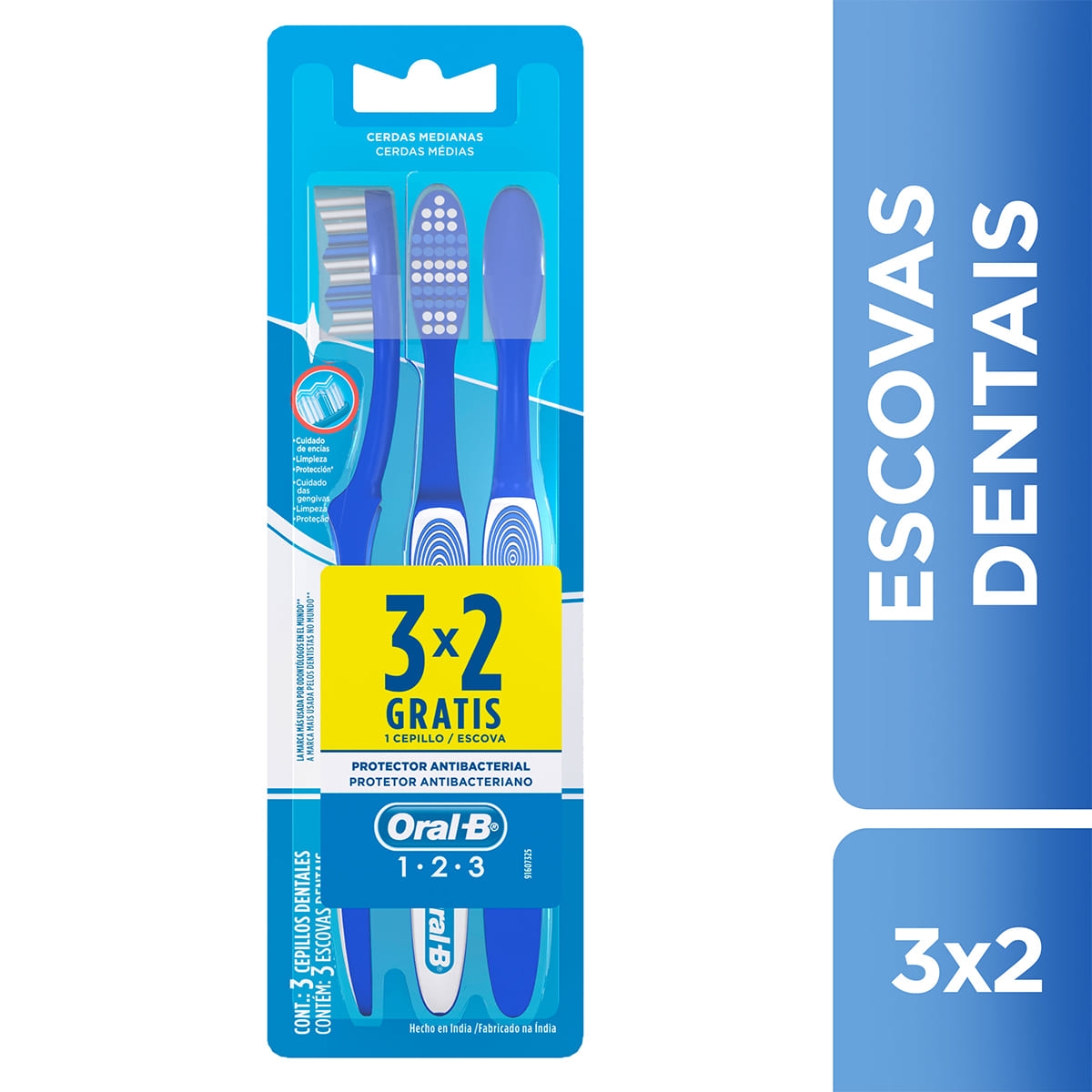 Escova de Dente Oral-B 123 Limpeza Brilhante Média 3 unidades