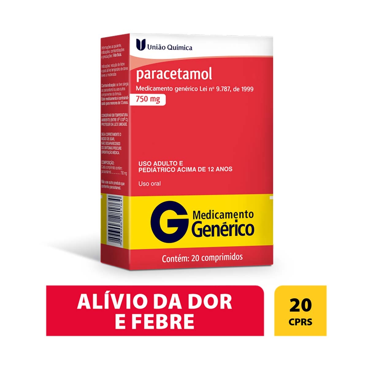 Paracetamol 750mg 20 comprimidos União Química Genérico