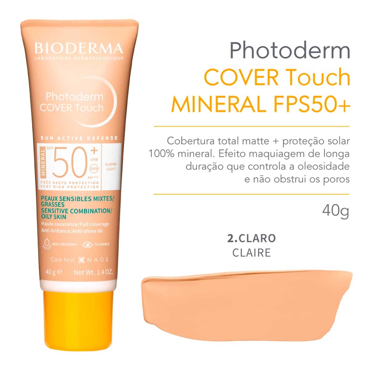 Protetor Solar Facial Bioderma Photoderm Cover Touch Pele Oleosa Cor Clara FPS50 com 40g