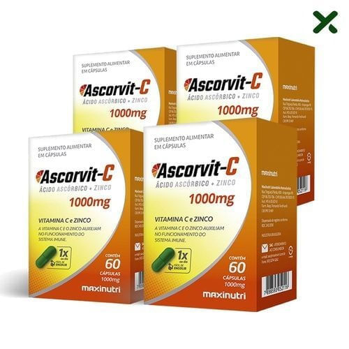 Kit 4 Ascorvit-C 1000mg MaxiNutri com 60 cápsulas Menor preço em Kit 4 Ascorvit-C 1000mg MaxiNutri com 60 cápsulas
