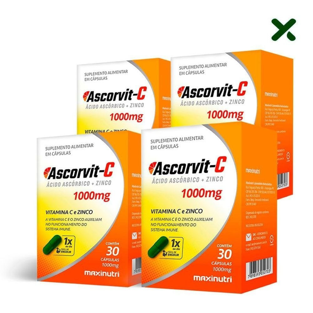 Kit 4 Ascorvit-C 1000mg MaxiNutri com 30 cápsulas Menor preço em Kit 4 Ascorvit-C 1000mg MaxiNutri com 30 cápsulas