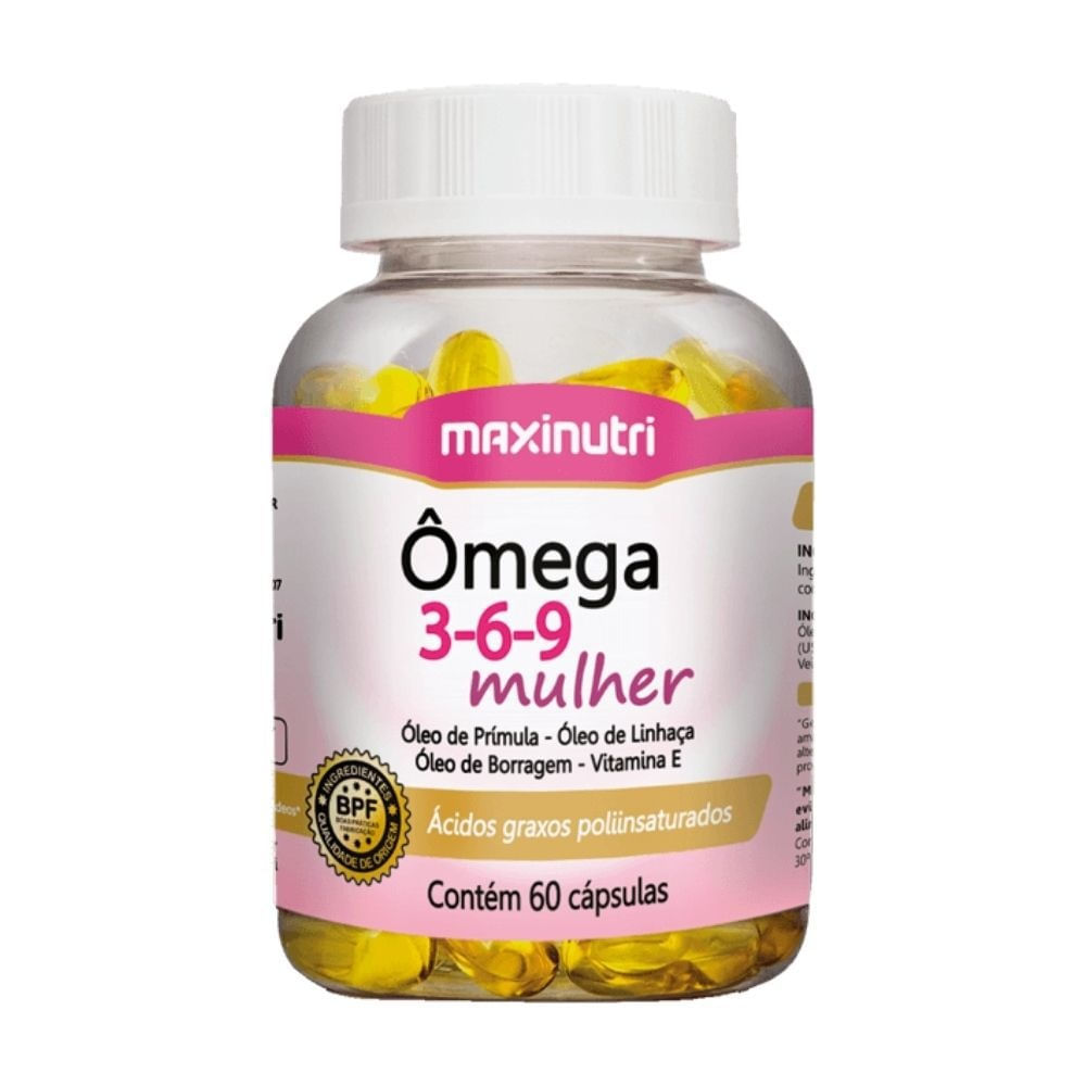 Ômega 3 6 9 Mulher Linhaça /Prímula/ Borragem / Vitamina E 60 Cáps - Maxinutri Menor preço em Ômega 3 6 9 Mulher Linhaça /Prímula/ Borragem / Vitamina E 60 Cáps - Maxinutri