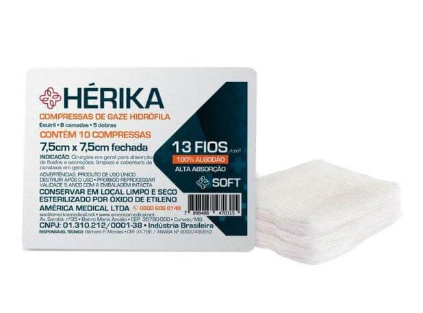 Compressa de Gaze Estéril 13 Fios - Hérika 10 unidades Menor preço em Compressa de Gaze Estéril 13 Fios - Hérika 10 unidades