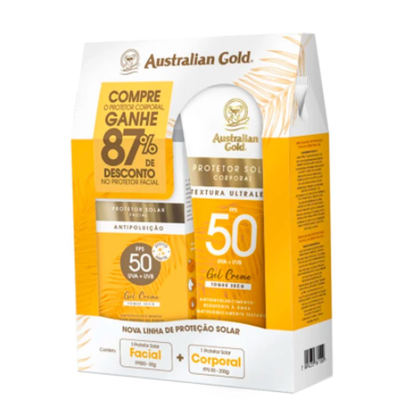 Kit Australian Gold Protetor Solar Corporal FPS50 200g + Facial FPS50 50g - Kit de Protetor Solar Menor preço em Kit Australian Gold Protetor Solar Corporal FPS50 200g + Facial FPS50 50g - Kit de Protetor Solar