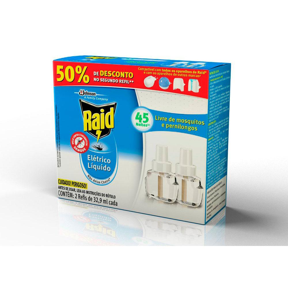 Repelente Elétrico Raid Líquido 45 Noites Caixa c/ 2 Unidades Refil 32,9ml - 50% de Desconto na Segundo Unid. Menor preço em Repelente Elétrico Raid Líquido 45 Noites Caixa c/ 2 Unidades Refil 32,9ml - 50% de Desconto na Segundo Unid.