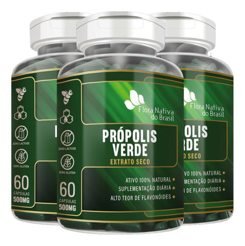 KIT 3 PROPOLIS VERDE 500MG COM 60 CAPSULAS - FLORA NATIVA - A Menor preço em KIT 3 PROPOLIS VERDE 500MG COM 60 CAPSULAS - FLORA NATIVA - A