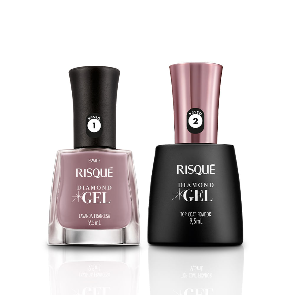 Kit Risqué Esmalte Diamond Gel Lavanda Francesa Cremoso + Top Coat Fixador 9,5ml Menor preço em Kit Risqué Esmalte Diamond Gel Lavanda Francesa Cremoso + Top Coat Fixador 9,5ml