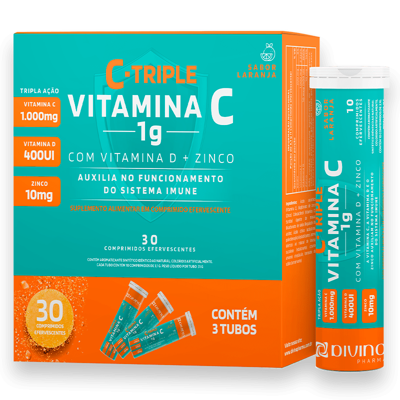 C-Triple Efervescente Vitamina C 1g + Zinco 10mg + Vitamina D 400Ui Divina Pharma 30und Menor preço em C-Triple Efervescente Vitamina C 1g + Zinco 10mg + Vitamina D 400Ui Divina Pharma 30und