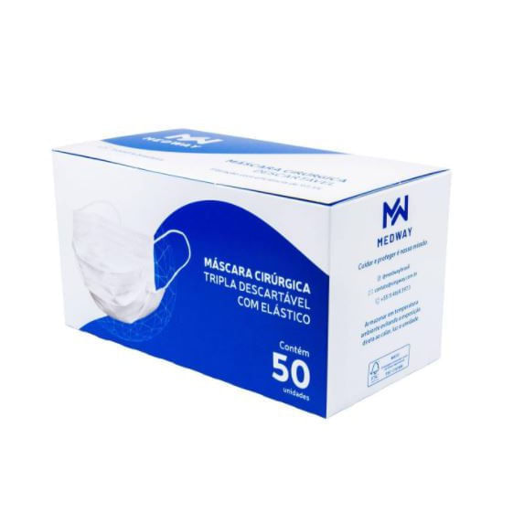 Máscara Cirúrgica TNT Tripla Descartável c/ Elástico e Clip Nasal Medway - Caixa c/50 unid – Branca Menor preço em Máscara Cirúrgica TNT Tripla Descartável c/ Elástico e Clip Nasal Medway - Caixa c/50 unid – Branca