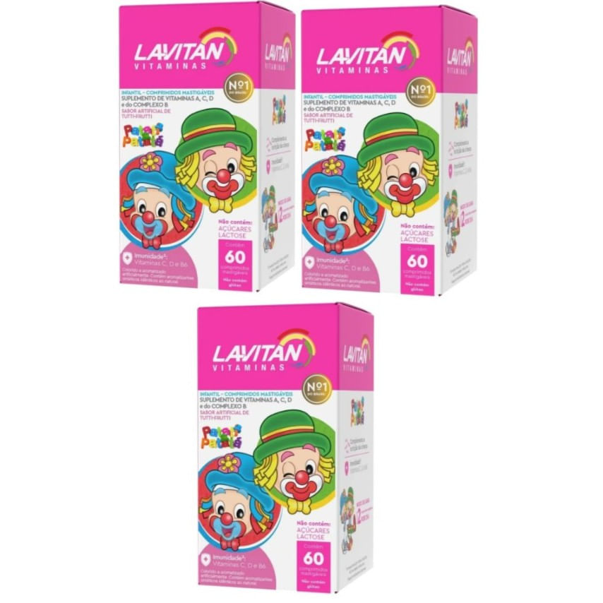 Kit com 3 Lavitan Patati Patata Vitamina Infantil Sabor Tutti Frutti Cimed c/60 Comprimidos Original Menor preço em Kit com 3 Lavitan Patati Patata Vitamina Infantil Sabor Tutti Frutti Cimed c/60 Comprimidos Original