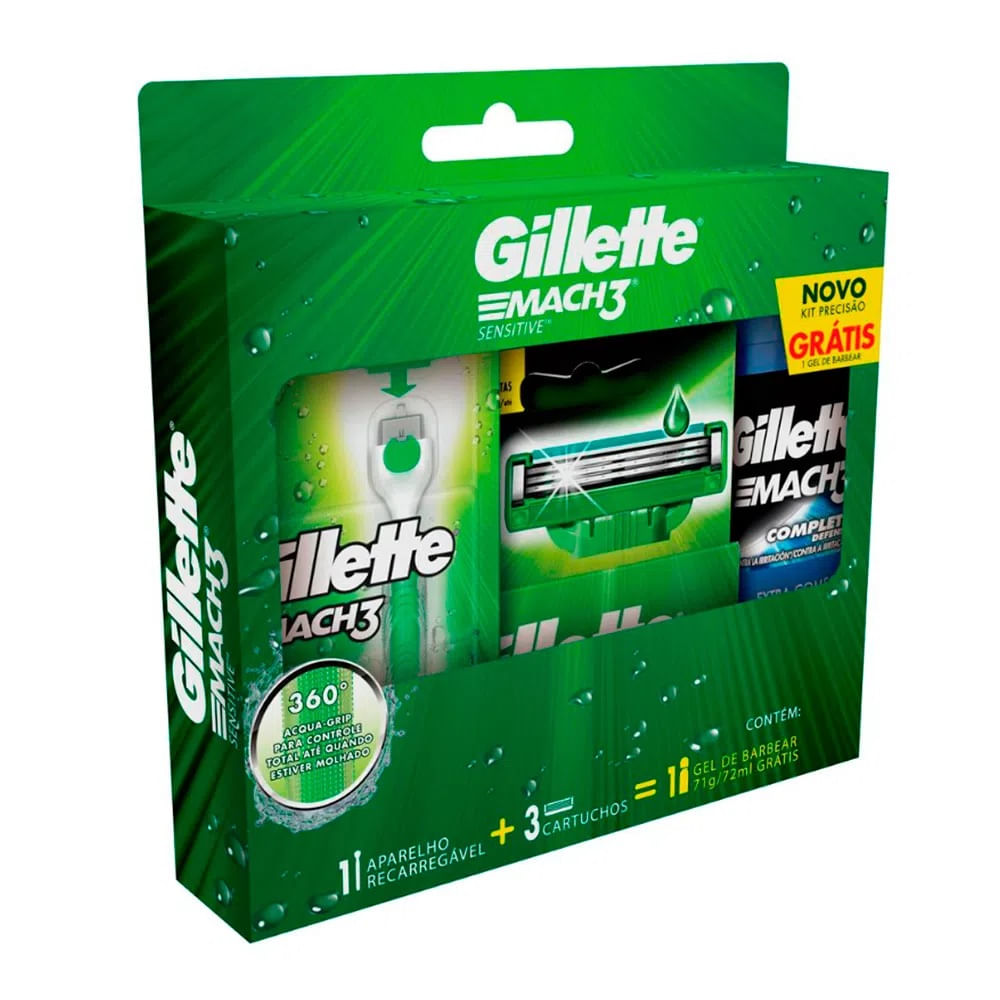 Kit com 1 Aparelho de Barbear Gillette Mach3 Acqua Grip Sensitive + 3 Cargas + Grátis 1 Gel de Barbear Menor preço em Kit com 1 Aparelho de Barbear Gillette Mach3 Acqua Grip Sensitive + 3 Cargas + Grátis 1 Gel de Barbear
